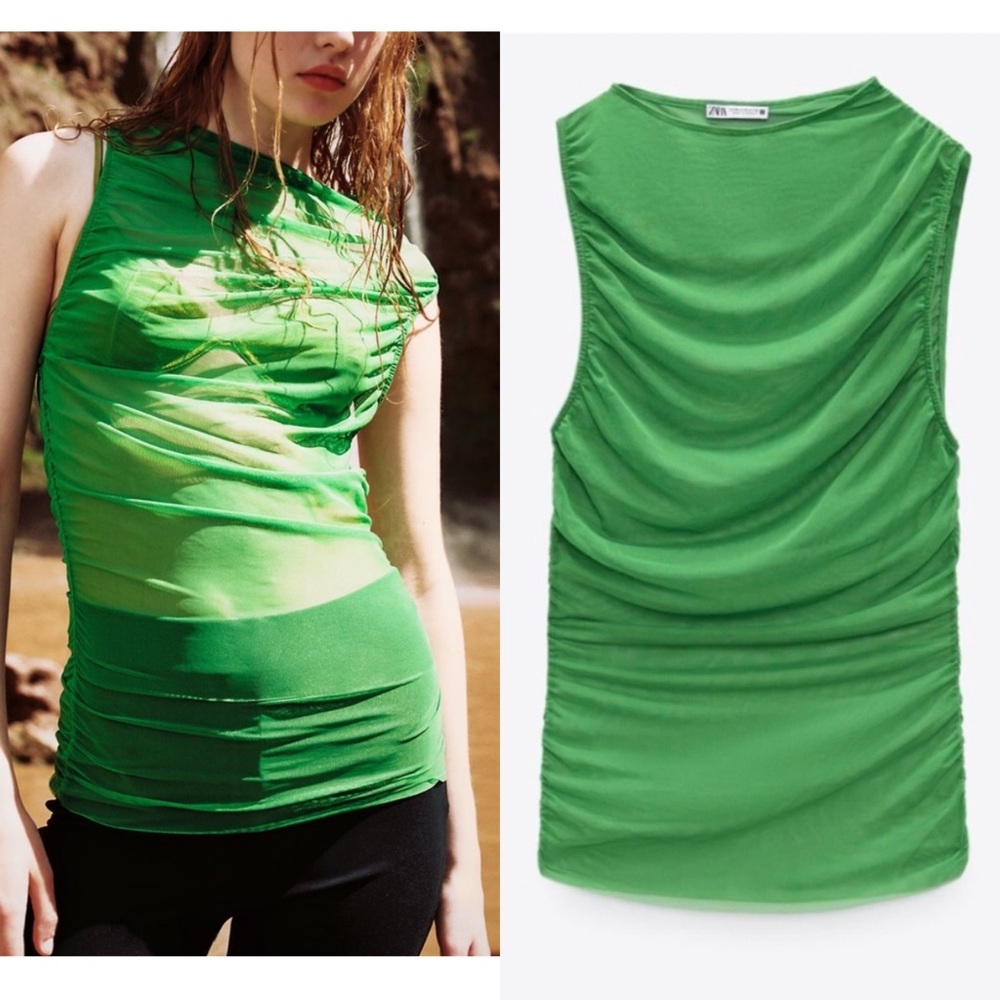 Zara NWT mesh Green tulle sleeveless ruched sheer top